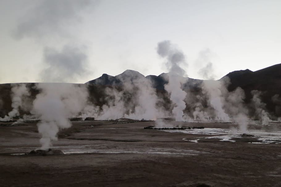 Geysers el Tatio, Chile, smoke, fields, mountains, hills, smoke - physical structure, geology, steam, hot spring