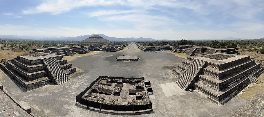 central america, mexico, teotihuacan, panorama, travel, panoramic image, architecture, landscape, sky, nature