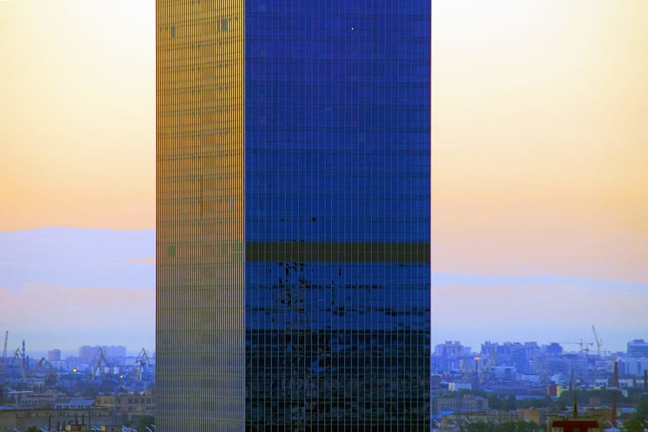 skyscraper, building, exterior, window, cityscape, outdoor, light, tall, reflection, high