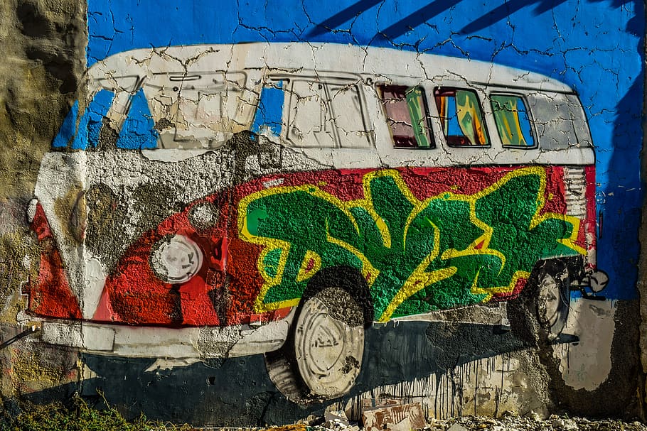 coche, volkswagen, vintage, graffiti, retro, pared, antiguo, urbano, grunge, decaimiento