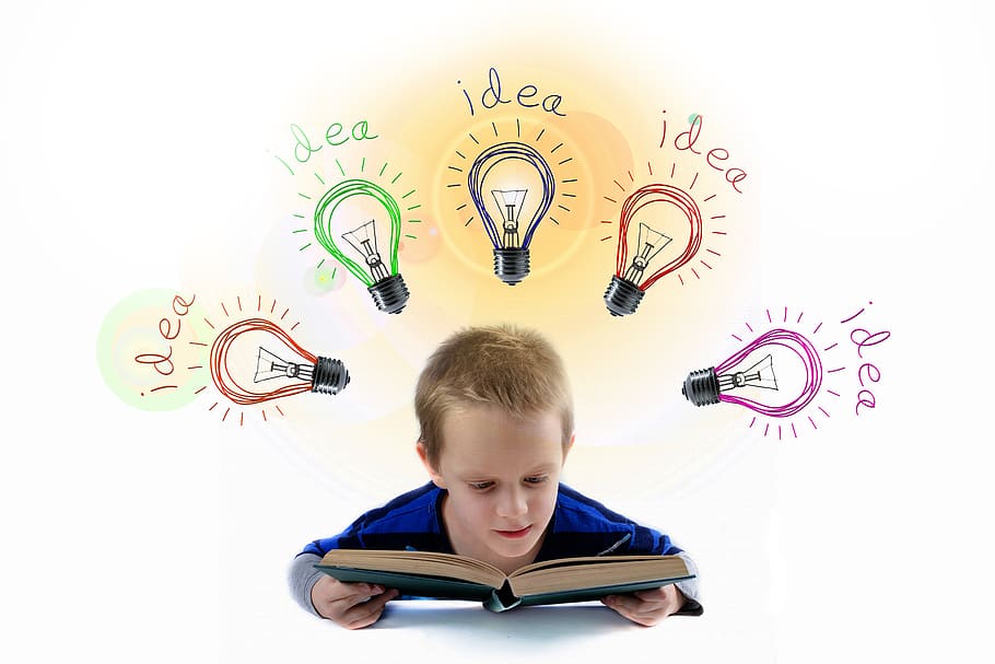 escola, estudantes, ler, lâmpada, idéia, pensar, educação, aprender, conhecimento, informação