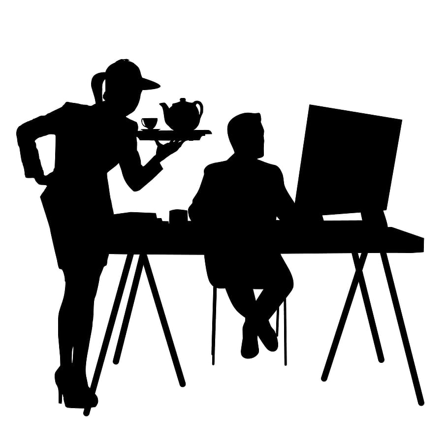 silhouette, business office scene, seated, man, working, served, coffee, tea., giving, husband