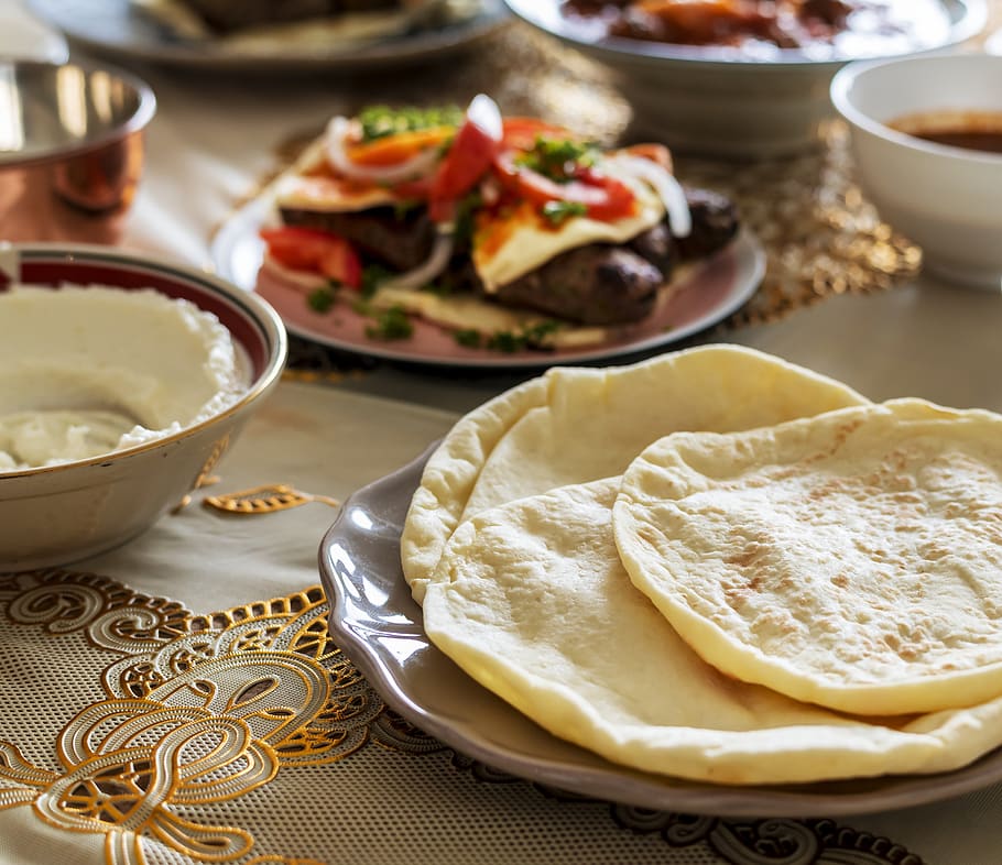 árabe, culinária, cultura, delicioso, jantar, comer, pão sírio, comida, halal, islão