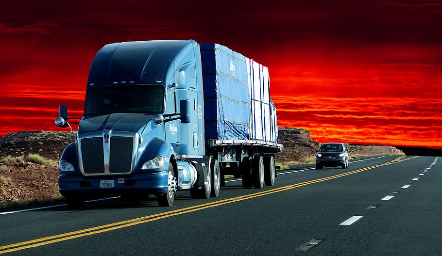 puesta de sol, camión americano, transporte, carretera, tráfico, vehículo, transportista, clásico, transporte de mercancías, industria