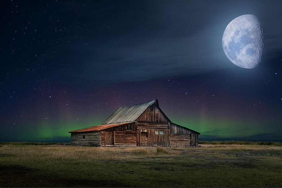 sky, moon, night, cabin, lights, landscape, fantasy, space, astronomy, star - space