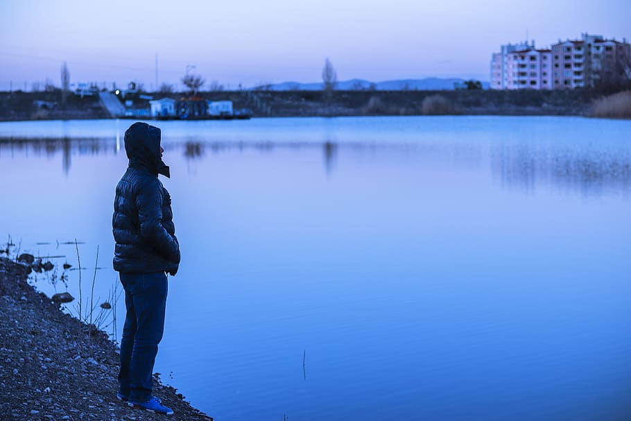 bilkent, lago, solitário, água, menino, solidão, mar, lago azul, homem de pé, ao lado da água