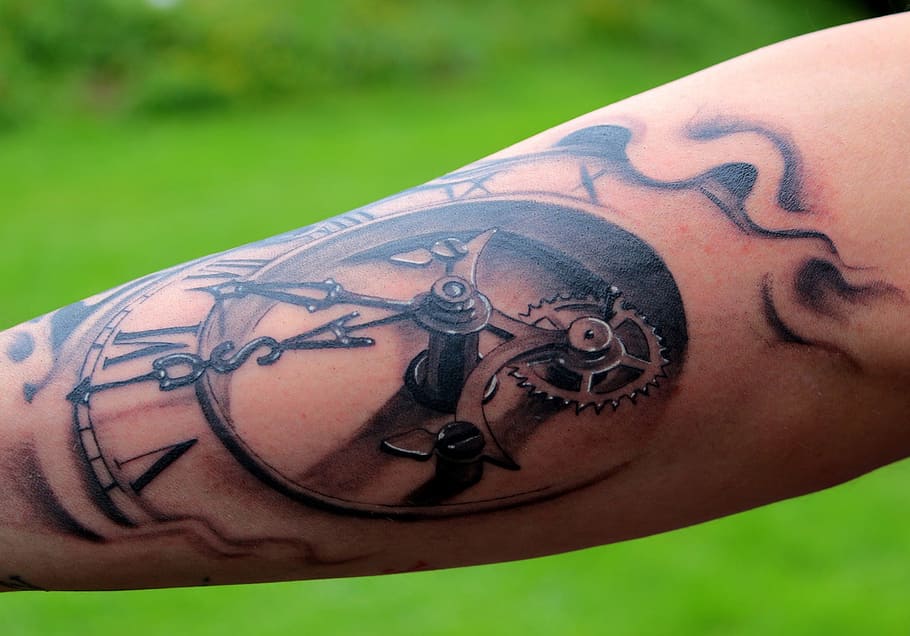 tattoo, design, sleeve, ink, urban, art, artist, clock, gears, human body part
