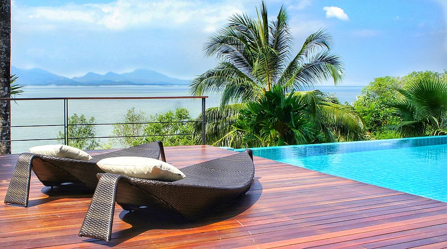 luxo, recurso, Tailândia, mar de andaman, piscina, espreguiçadeiras, relaxante, pacífico, tranquilo, tropical