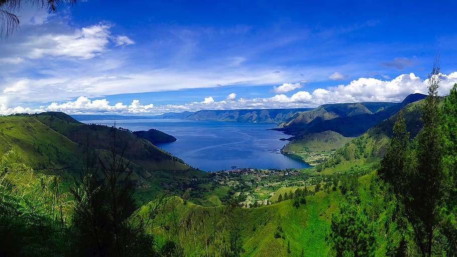 lake toba, indonesia, sky, clouds, landscape, scenic, water, forest, trees, woods