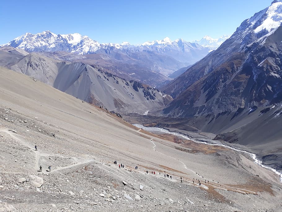 valle del himalaya, montañas, ruta de trekking, ruta., naturaleza, himalaya, montaña, nieve, fresco, hermoso