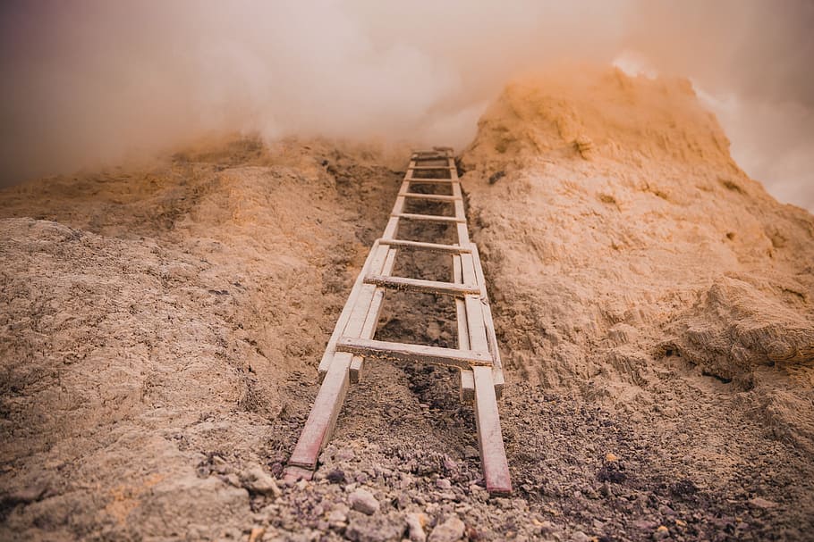 wooden, ladder, placed, rock, covered, clouds, overcast day, climbing, cloud, hill