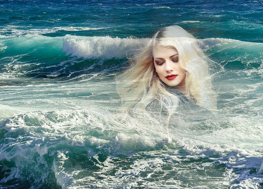 sea, shakes, woman, blond, pretty, wave, ocean, water, hair, one person