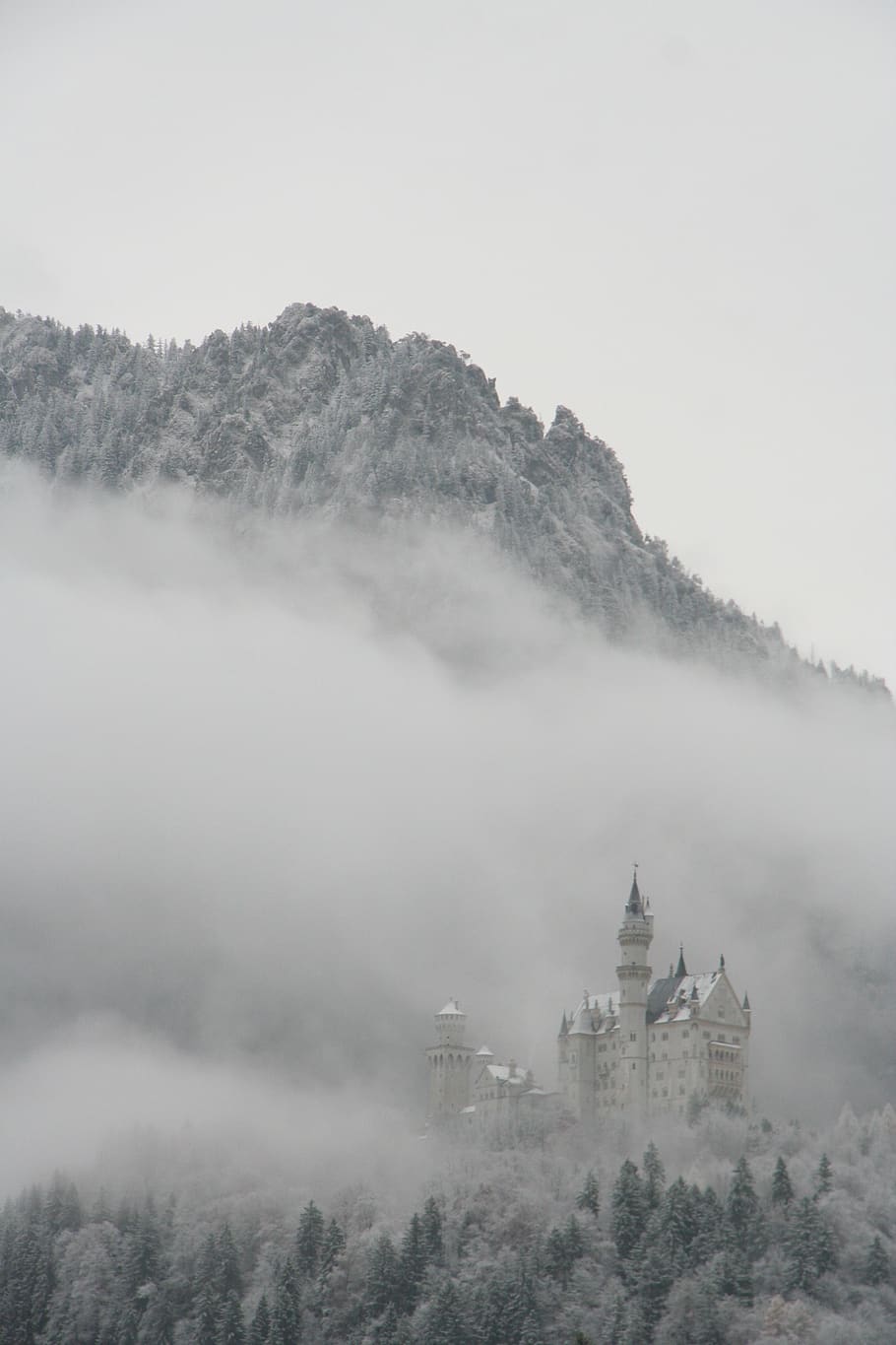castle, fog, german, landscape, mountains, nature, germany, cinderella, clouds, white