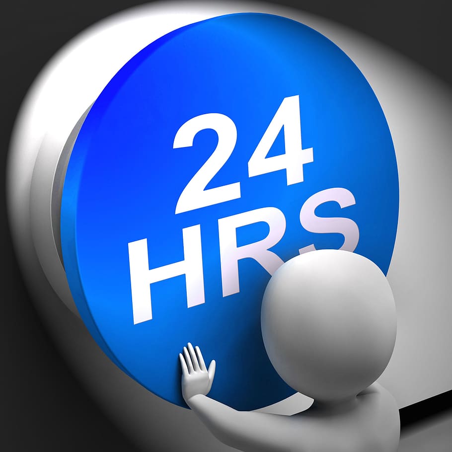 vinte, quatro, horas, pressionado, mostrando, disponibilidade 24 horas, 24 horas, todo o dia, disponibilidade, botão