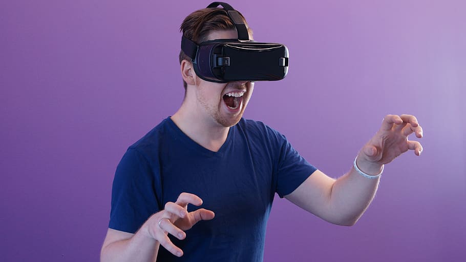 vr, virtual reality, manusia, teknologi, kemeja biru, hmd, headset, oculus, mata, futuristik