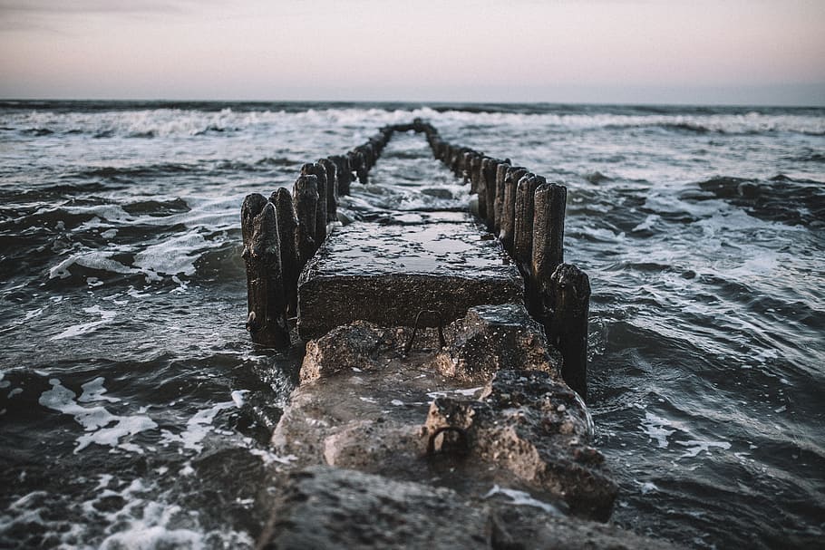 destructed, dock, sea, water, river, waves, tides, motion, sky, horizon over water