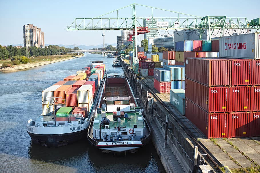 mannheim, pelabuhan, kapal, crane, kontainer, kargo, neckar, semak muda, air, transportasi