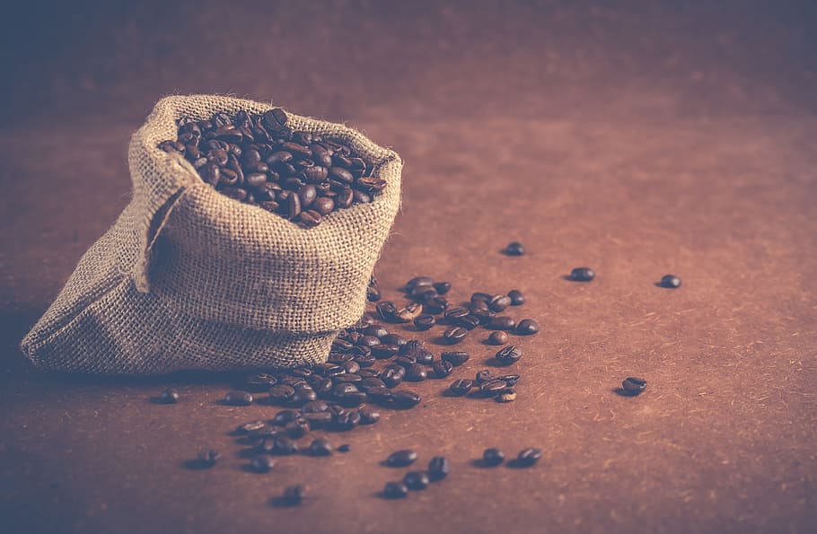 sack, coffee, beans, caffeine, drink, food, rustic, spill, coffee beans, table