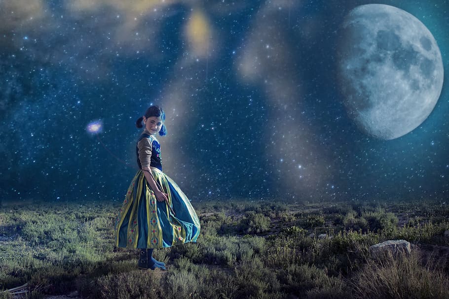 night sky stars and moon with girl