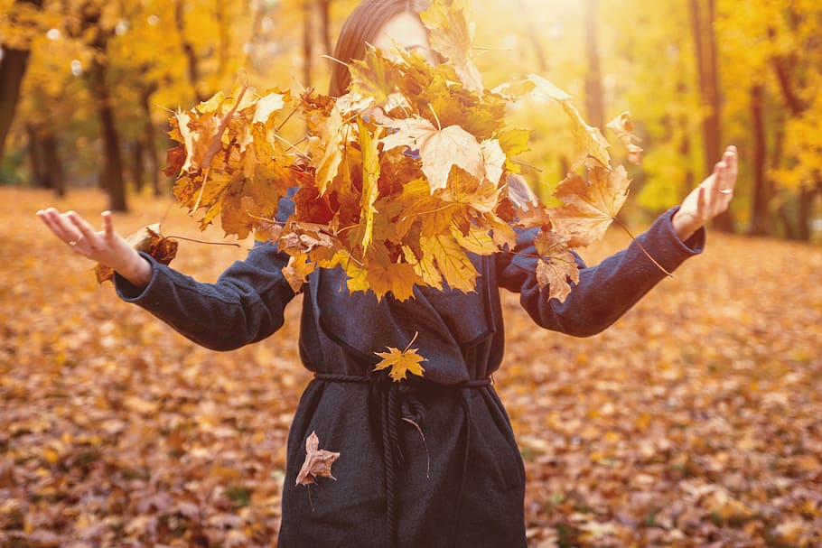 woman, throwing, autumn, leaves, air, leaf, plant part, one person, nature, adult