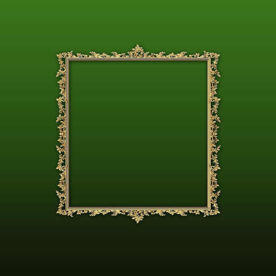 marco, ornamental, cuadrado, enmarcado, dorado, marco de fotos, espacio de la copia, en blanco, color verde, vacío