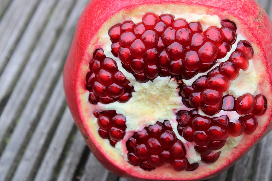 pomegranate, exotic fruits, fruits, cut, sliced, open, seeds, nature, vitamins, red