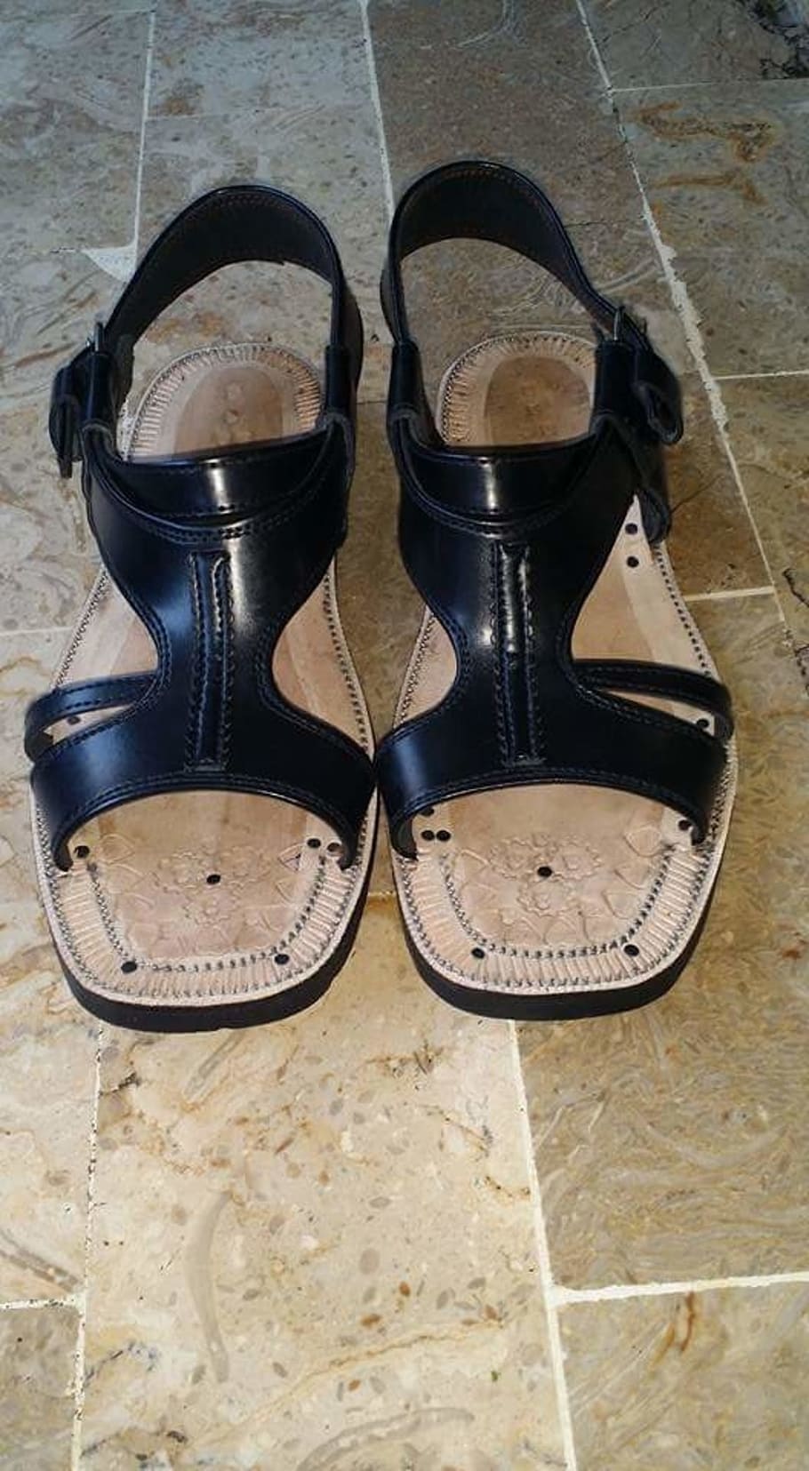 sandalias, negro, cuero, zapatos, calzado, zapato, par, bodegón, interiores, dos objetos