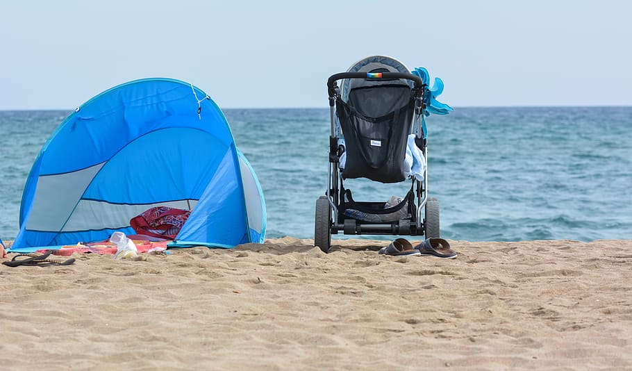 baby carriage, dream, happy, family, vacations, france, sea, beach, together, luck