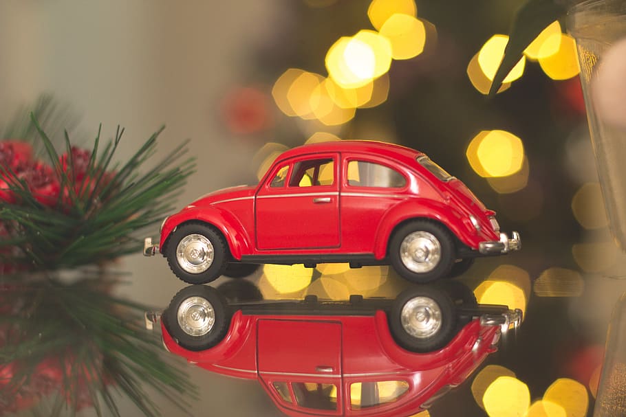 vermelho, carro, natal, volkswagen, brinquedos, bola, reflexão, decoração, férias, carro de brinquedo