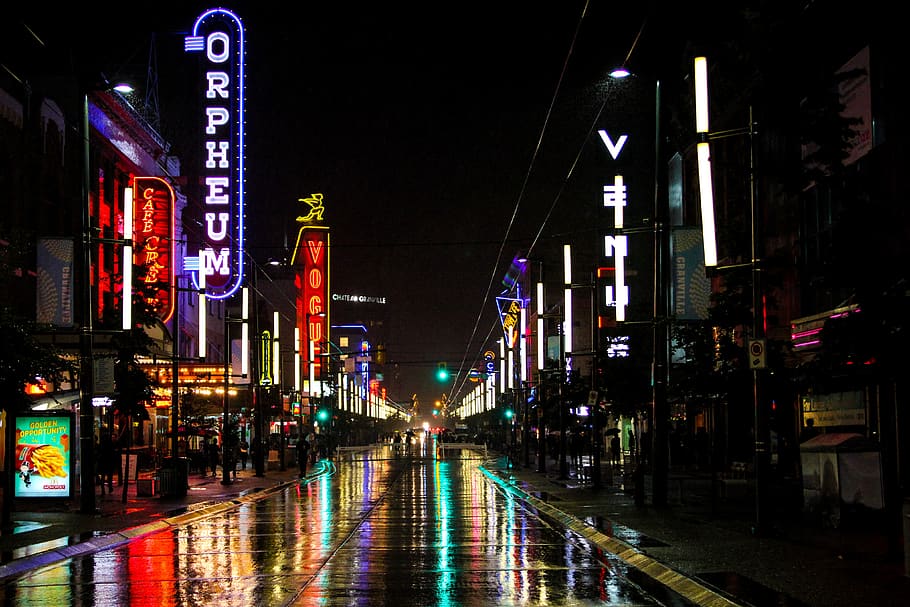 granville street, vancouver, canada, travel, neon lights, neon, reflection, rain, weather, lights