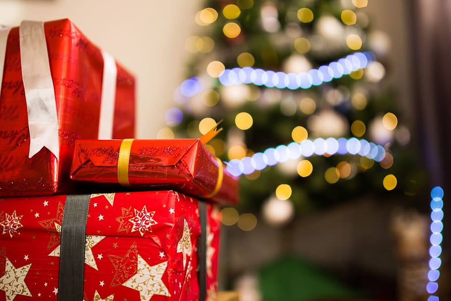 christmas, celebration, holiday, ribbon, gift, decoration, lights, bokeh, illuminated, christmas lights