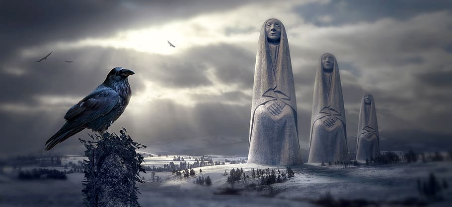 fantasy, winter, snow, sculpture, crow, birds, light, figures, nature, sky