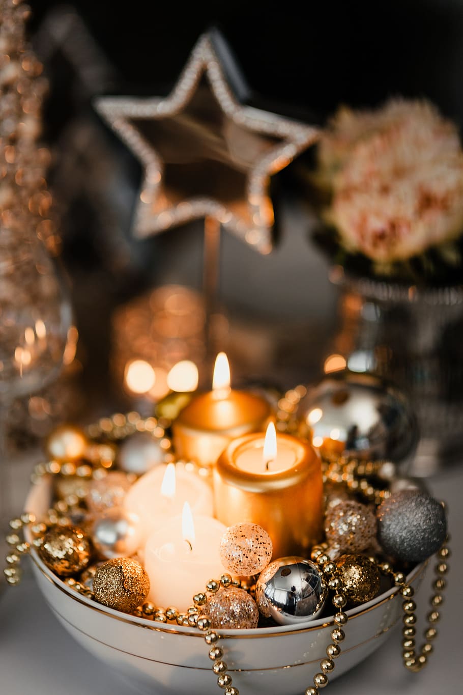 plata decoraciones de navidad, navidad, plata, decoraciones, nochebuena, comedor, quema, fuego, vela, llama