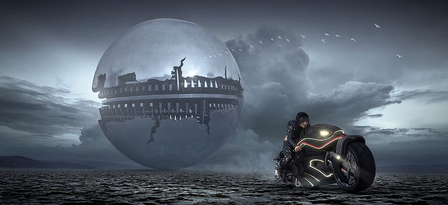 fantasy, science fiction, motorcycle, spaceship, ball, clouds, futuristic, forward, mystical, surreal