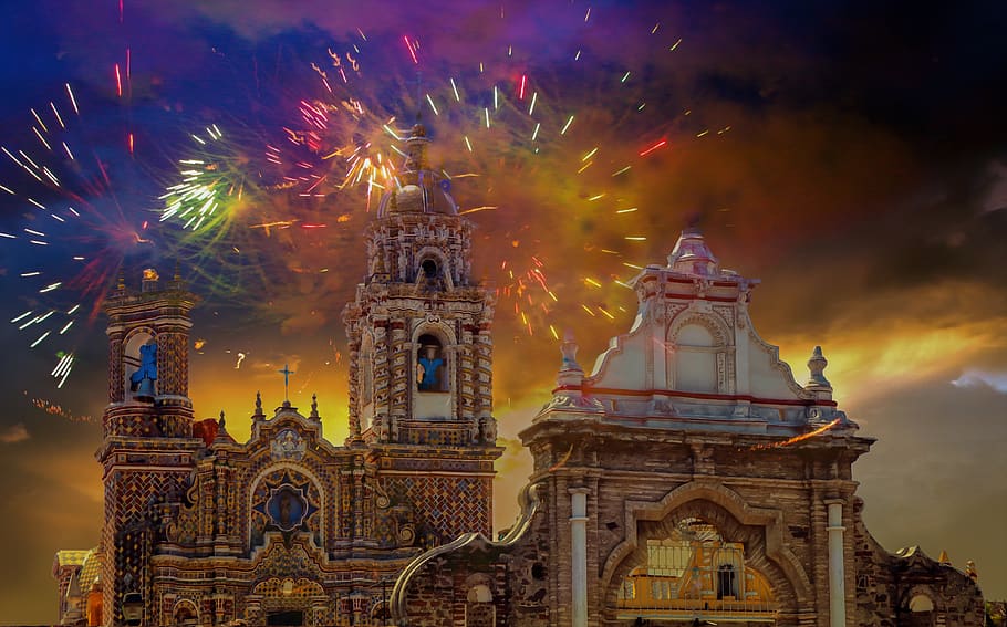 travel, mexico, church, fireworks, landscape, vacations, acatepec, architecture, building exterior, built structure