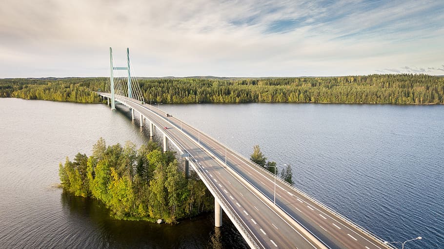 finnish, bridge, star of the cape, heinola, lake, drone, aerial view, water, landscape, forest