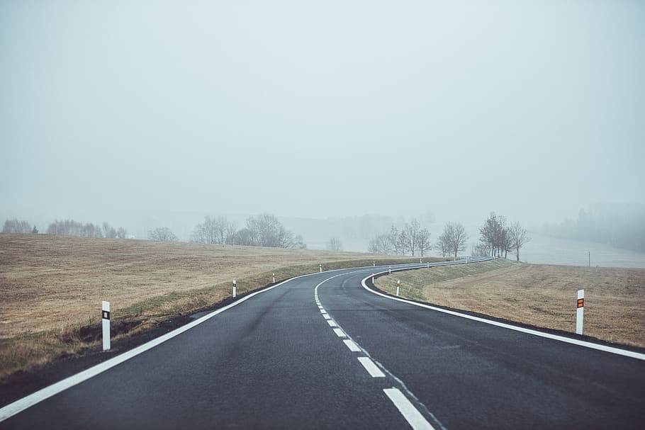 road, travel, drive, asphalt, journey, empty, outdoor, mist, fog, bend