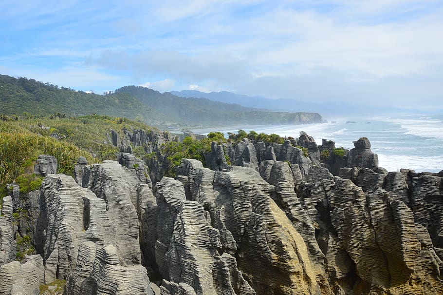 pancake rocks, new zealand, south island, nature, rock, sea, coast, cliff, punakaiki, vacations