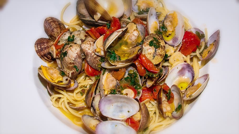 spaghetti, vongole, dinner, mussels, cooked, court, seafood, italian, food, food and drink