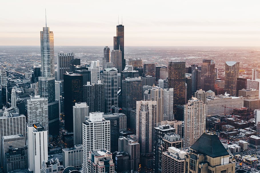 chicago, gedung pencakar langit, bangunan, kota, matahari terbenam, amerika serikat, atap, perkotaan, pusat kota, kaki langit