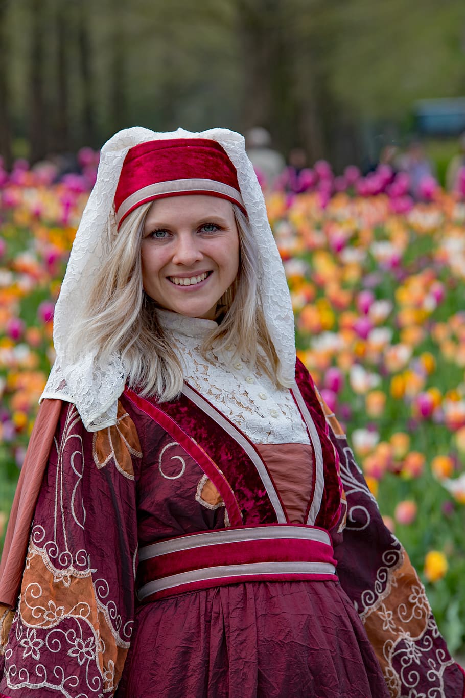 keukenhof, costume, lisse, holland, woman, flowers, smiling, clothing, looking at camera, happiness