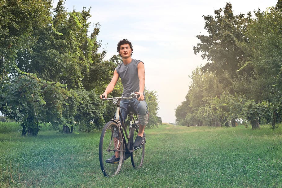 young, farmer, gray, sleeveless vest, riding, bicycle, meadow, 30-35 years, bicycling, bike