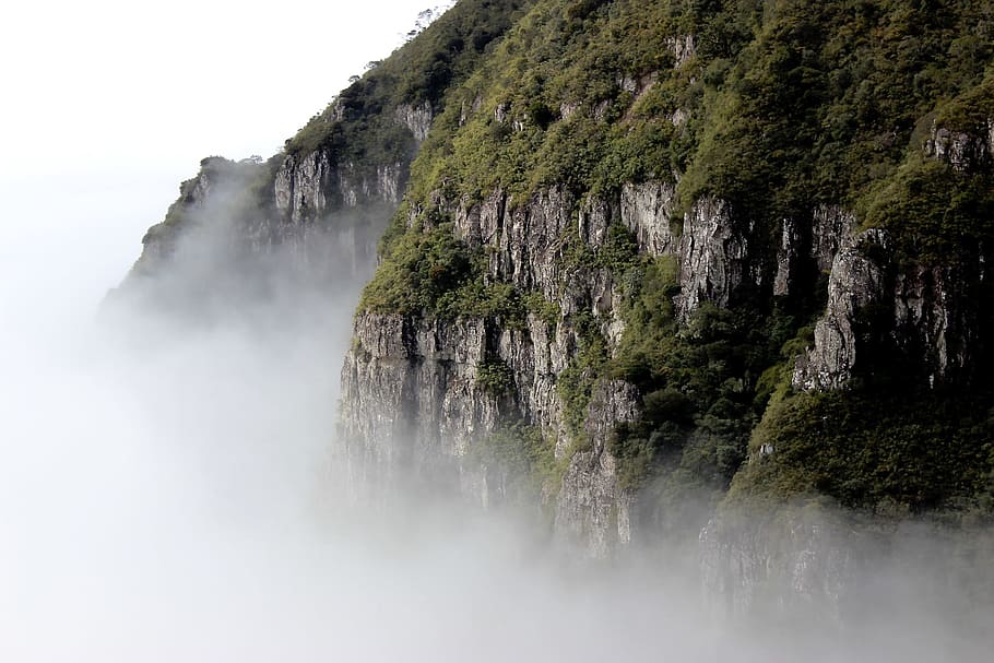 nature, mountain, smoke, fog, white, sky, green, beauty in nature, rock, water