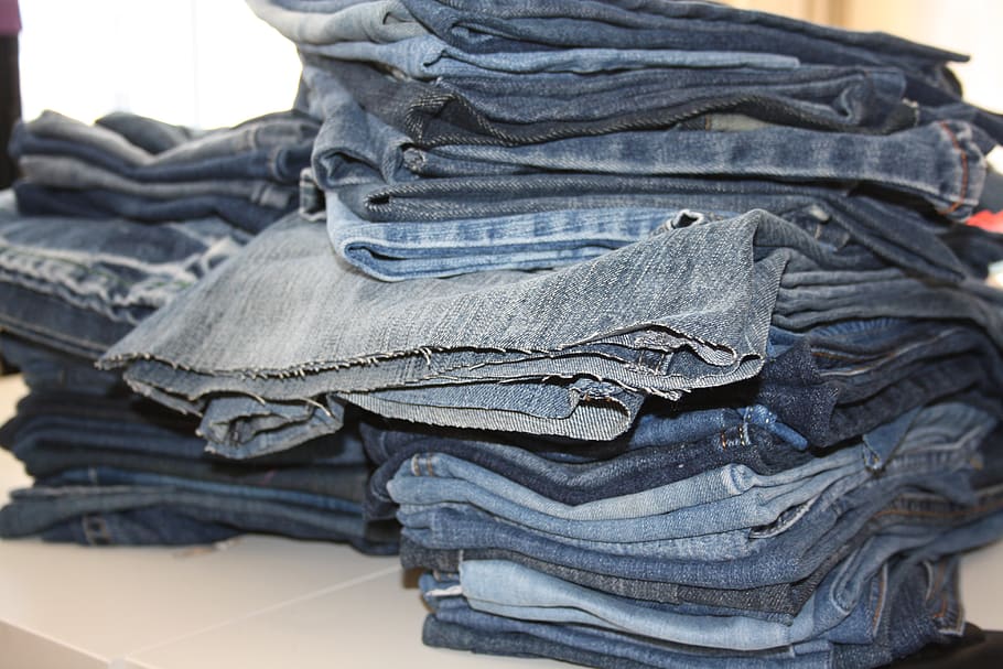 old jeans, pile of jeans, recycling, old clothes, blue jeans, reuse, jeans, textile, indoors, denim