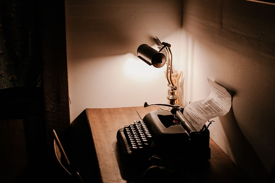 dark, room, office, table, chair, lamp, light, typewriter, paper, indoors