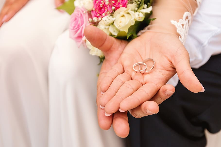 bride, groom’s, groom ’s hands, wedding rings, wedding, newlywed, love, women, life events, human hand