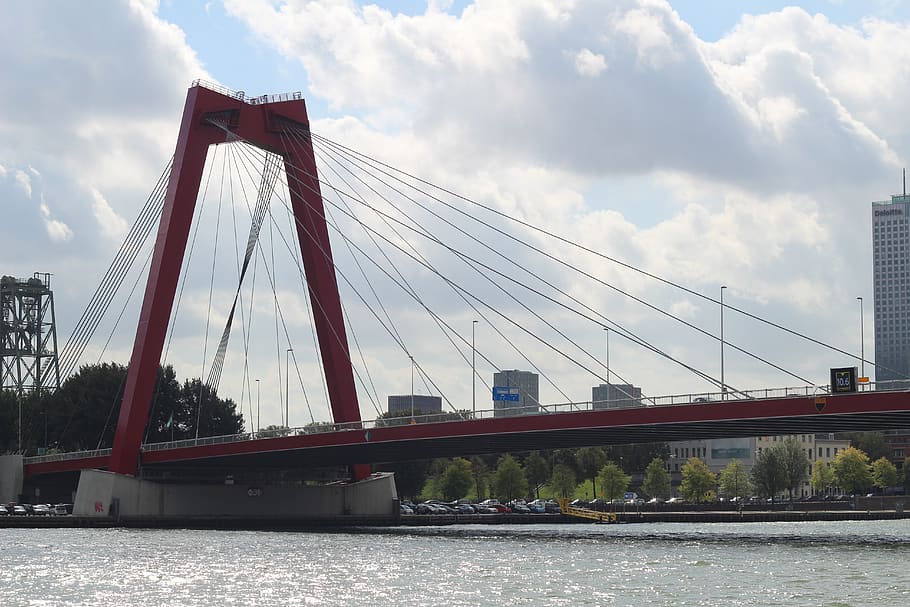 rotterdam, netherlands, architecture, bridge, willem bridge, red bridge, water, port, bridge - man made structure, built structure
