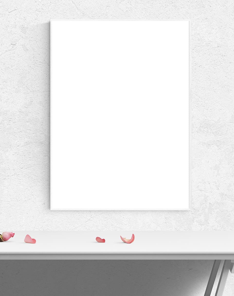 poster, frame, wall, desk, rose petals, white color, copy space, indoors, wall - building feature, picture frame