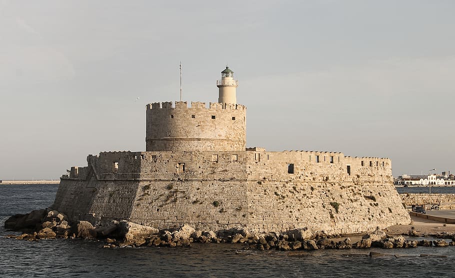 castelo agios nikolaos, mandraki, porto, rhodes, grécia, ilha, parede, céu, fortaleza, castelo