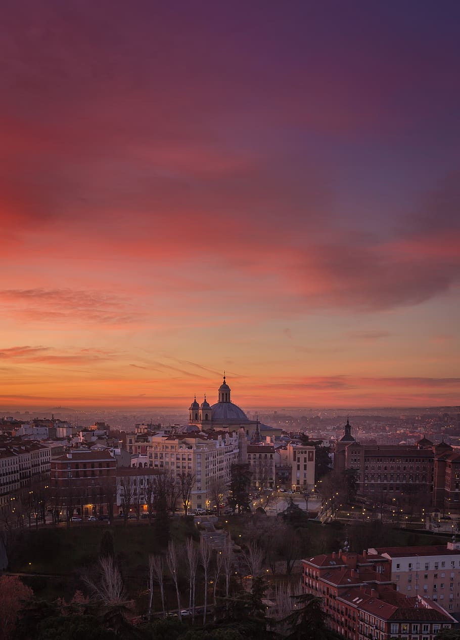 dawn, church, sky, madrid, tones, clouds, building exterior, architecture, built structure, sunset